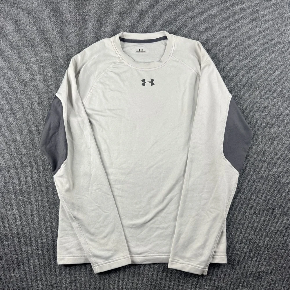 Under Armour Shirt Mens L White Long Sleeve Compression Thermal Logo Workout Gym